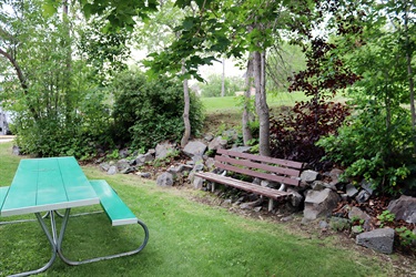 Table and bench next to trees in Peanut Park.